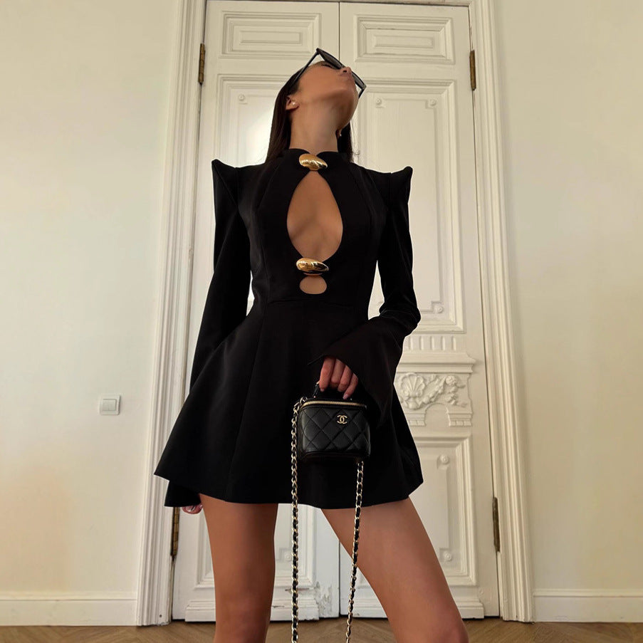 Womens Hollow Cut Stand Collar Long Sleeve Dress