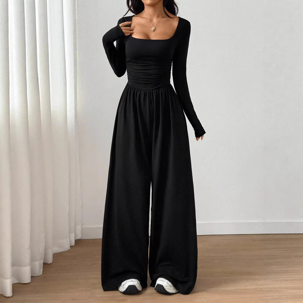 Square Neck Long Sleeve Wide Leg Jumpsuit
