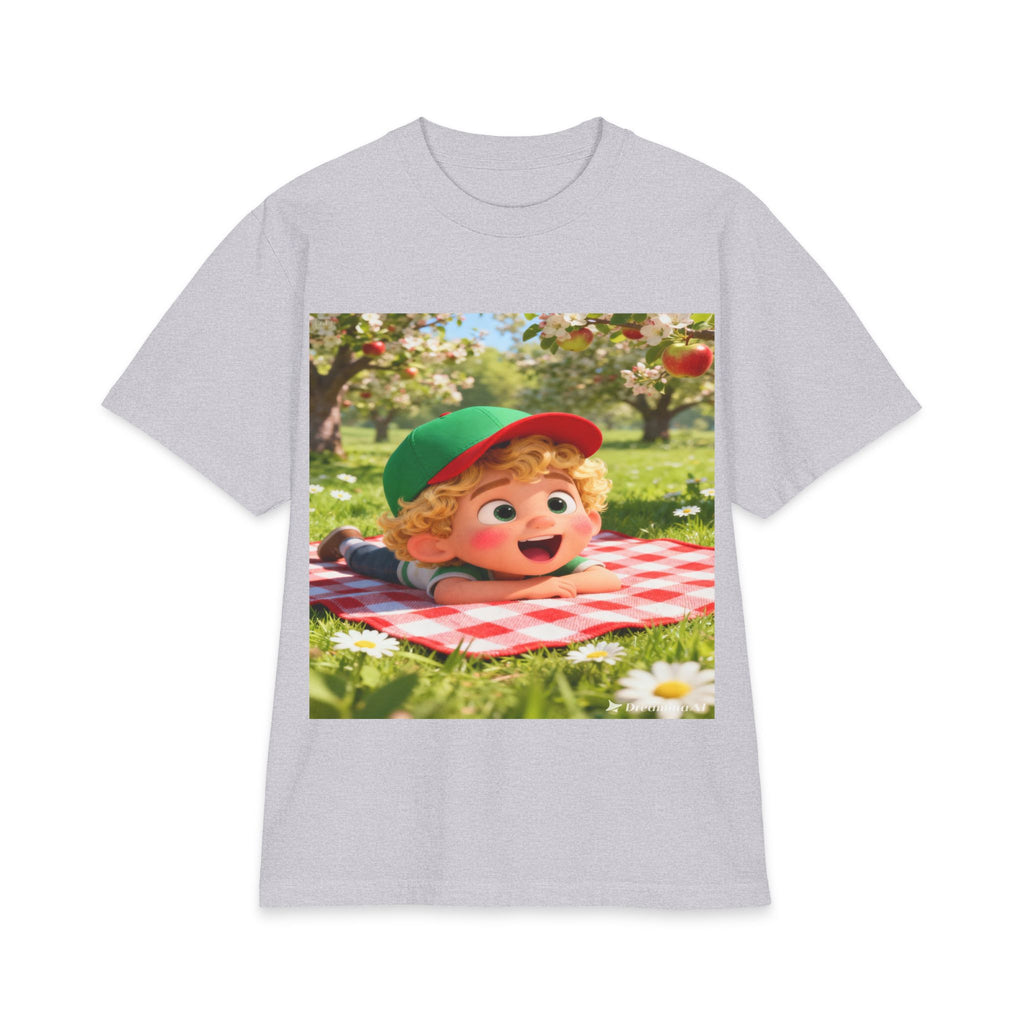 Kids Picnic Cartoon T‑Shirt — Cute Boy on Checkered Blanket