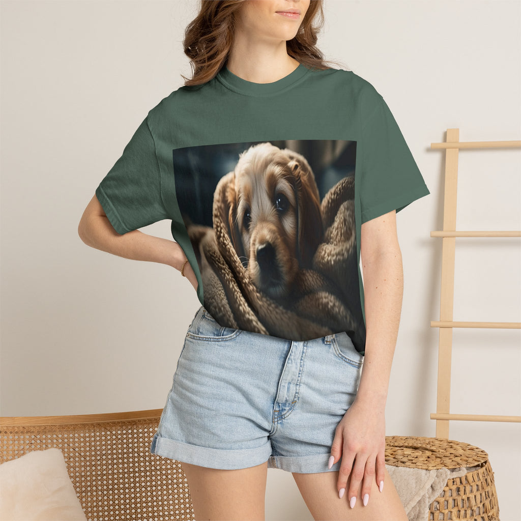 Cozy Puppy Photo T-Shirt — Cute Blanket Dog Graphic Tee