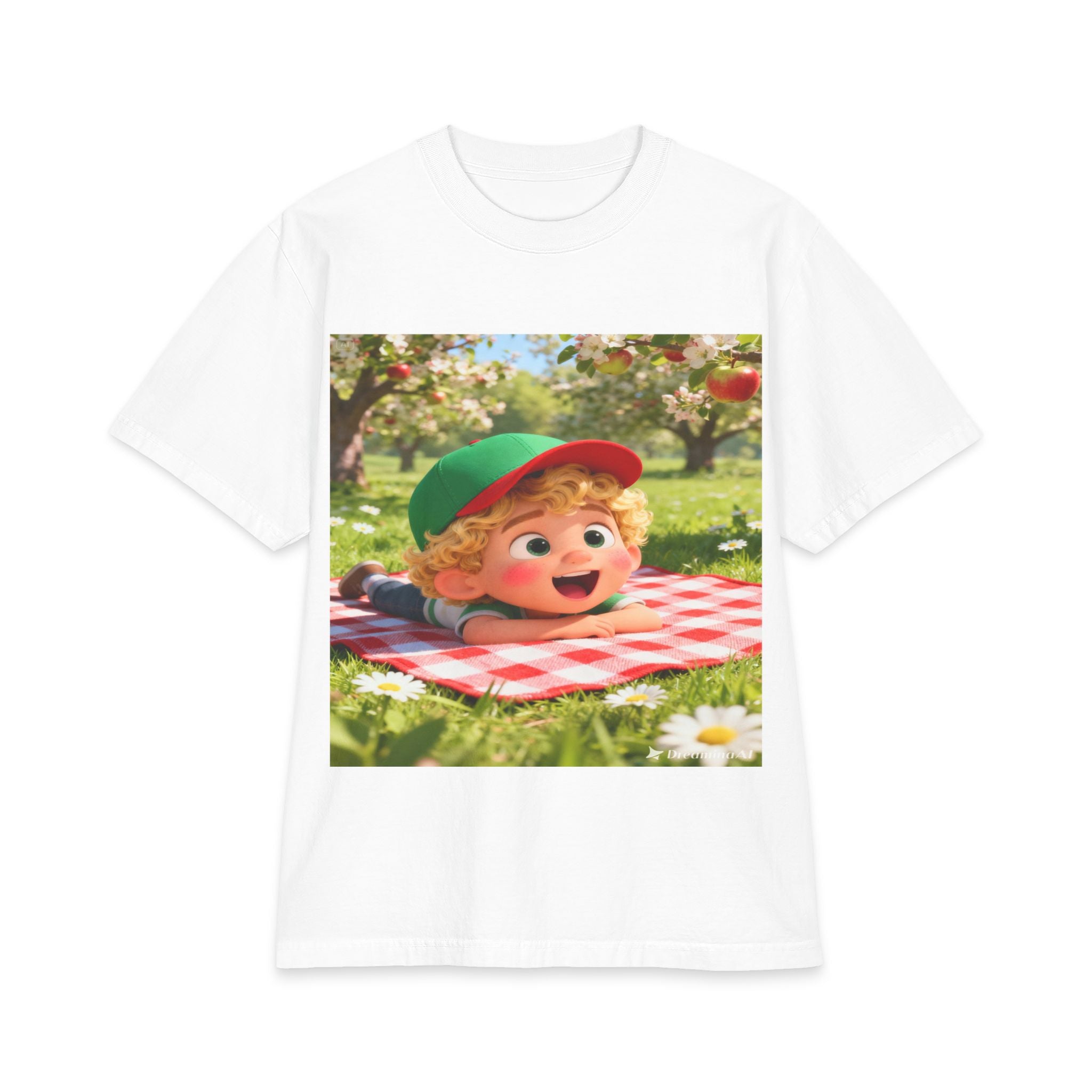 Kids Picnic Cartoon T‑Shirt — Cute Boy on Checkered Blanket