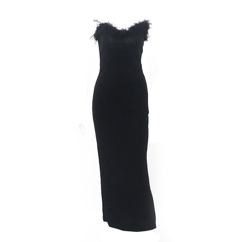 Women Bodycon Dress with Feather Collar