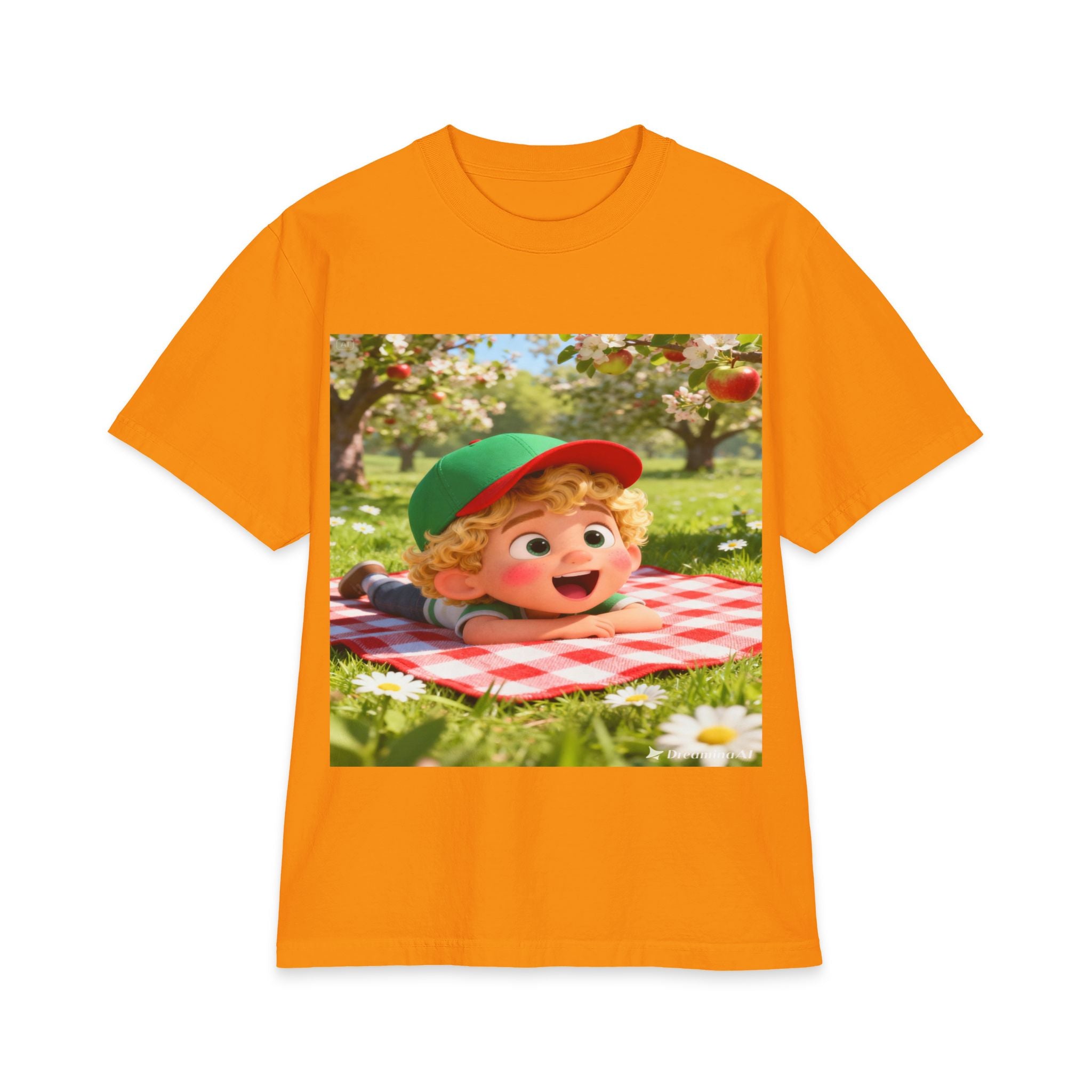 Kids Picnic Cartoon T‑Shirt — Cute Boy on Checkered Blanket