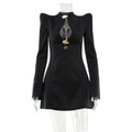Womens Hollow Cut Stand Collar Long Sleeve Dress