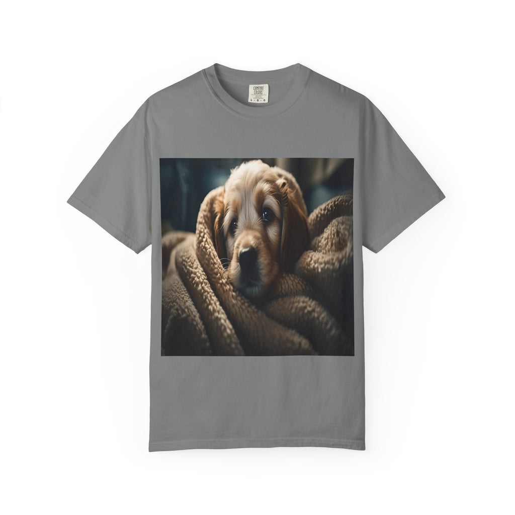 Cozy Puppy Photo T-Shirt — Cute Blanket Dog Graphic Tee