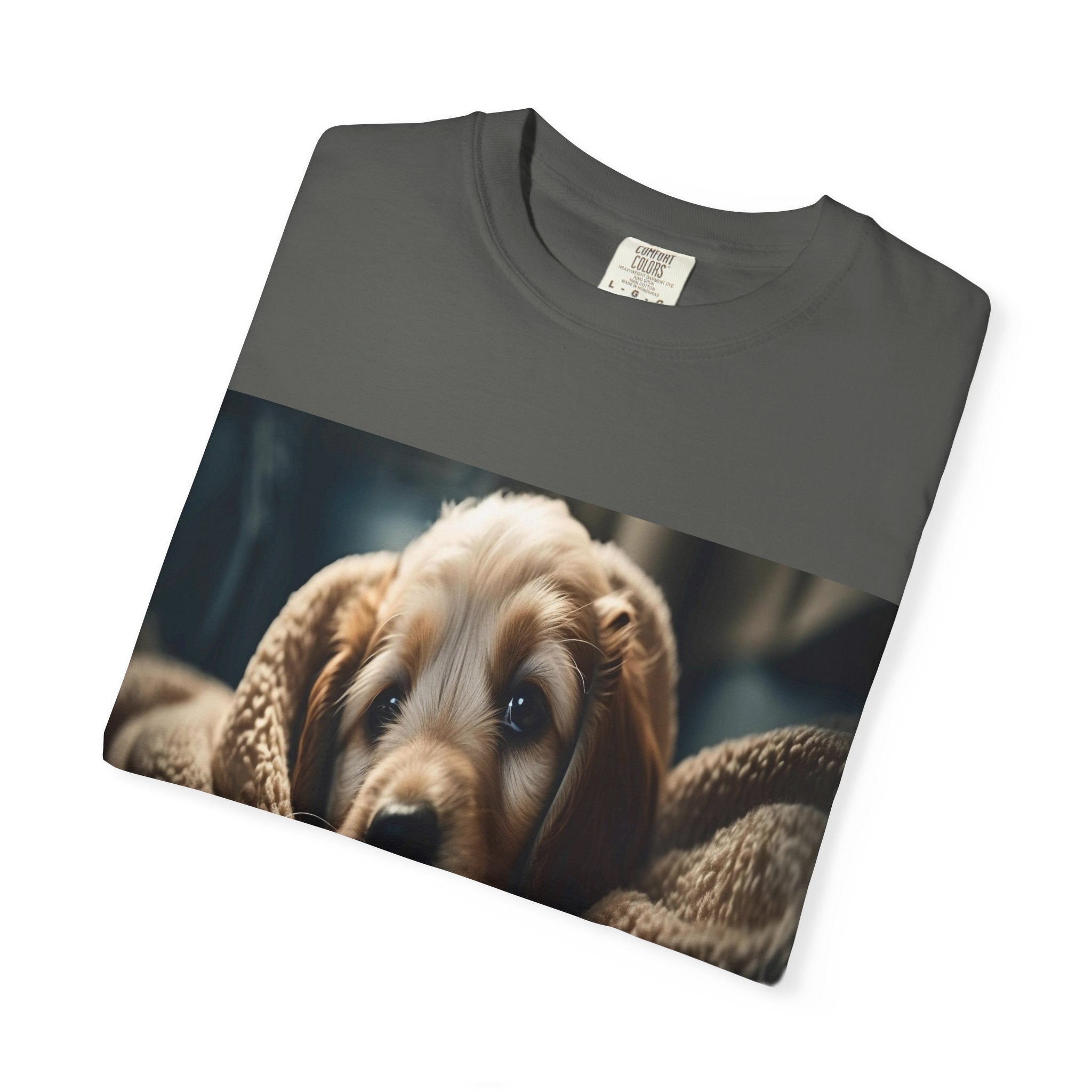 Cozy Puppy Photo T-Shirt — Cute Blanket Dog Graphic Tee