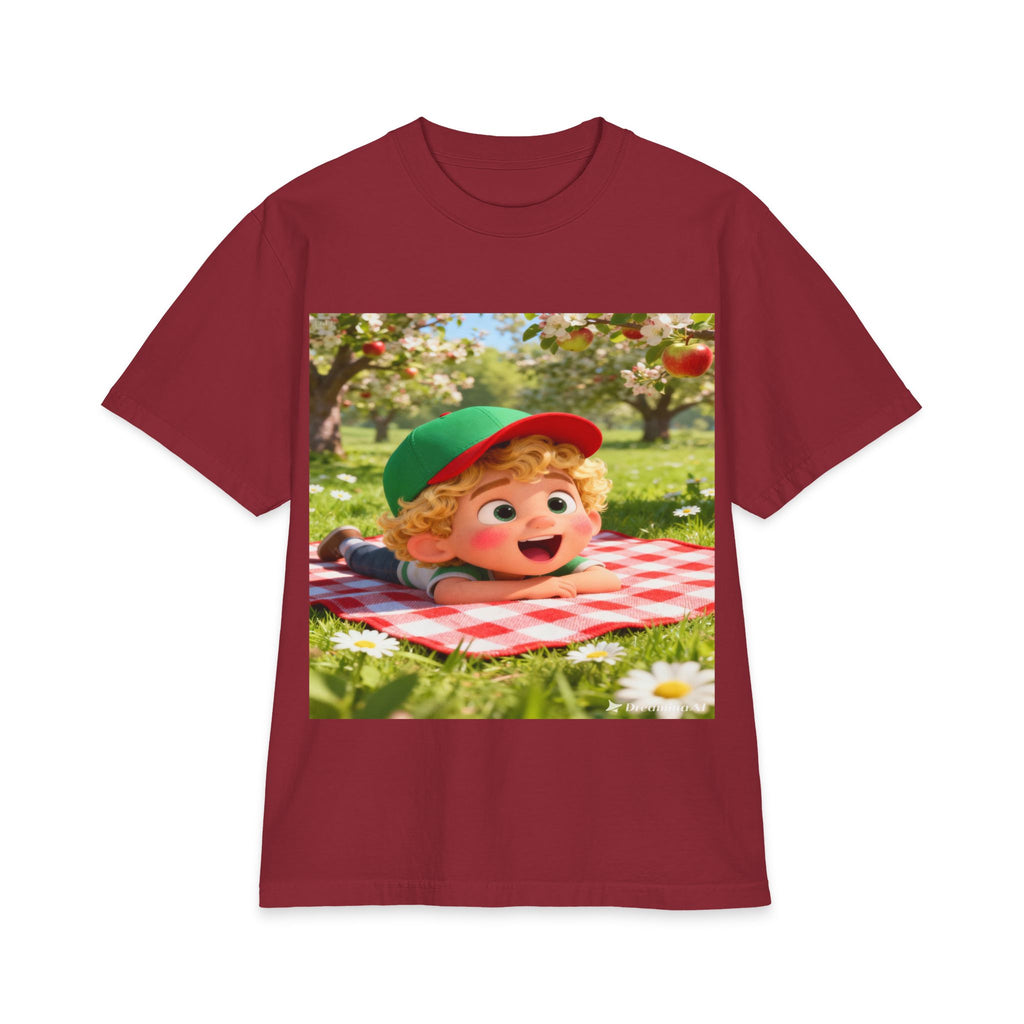 Kids Picnic Cartoon T‑Shirt — Cute Boy on Checkered Blanket