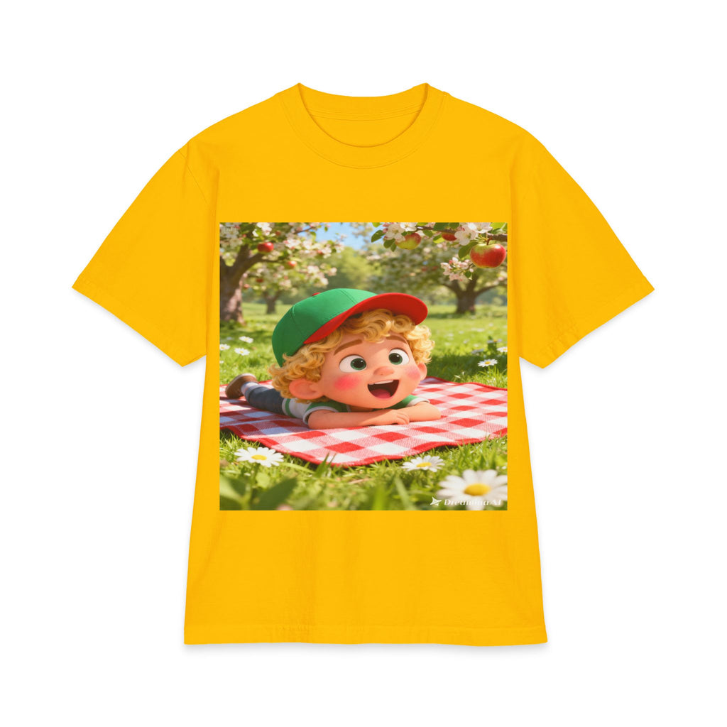 Kids Picnic Cartoon T‑Shirt — Cute Boy on Checkered Blanket
