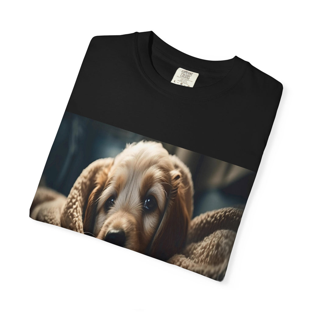 Cozy Puppy Photo T-Shirt — Cute Blanket Dog Graphic Tee
