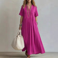 Women's V-Neck Pleated Cotton Linen Dress