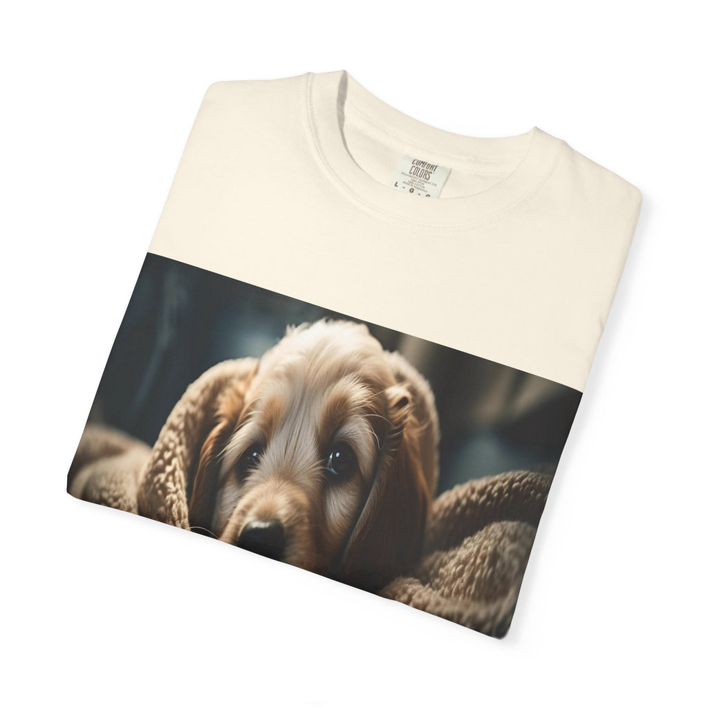 Cozy Puppy Photo T-Shirt — Cute Blanket Dog Graphic Tee