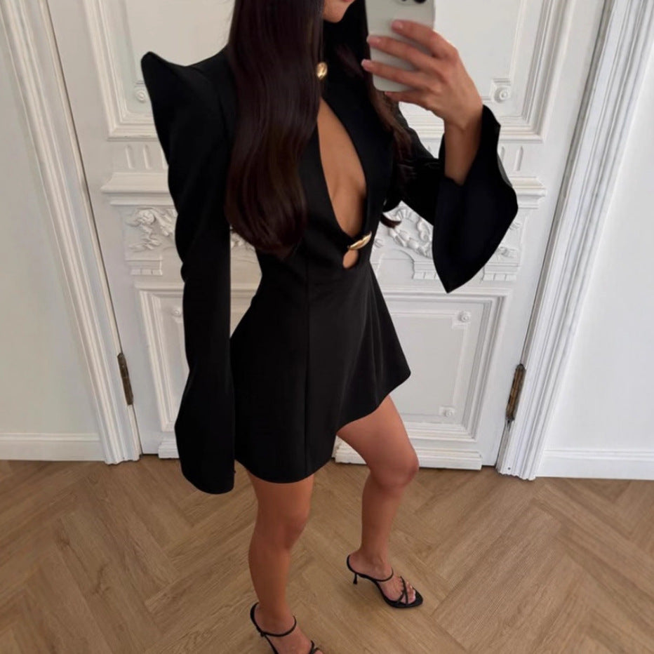 Womens Hollow Cut Stand Collar Long Sleeve Dress