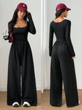 Square Neck Long Sleeve Wide Leg Jumpsuit