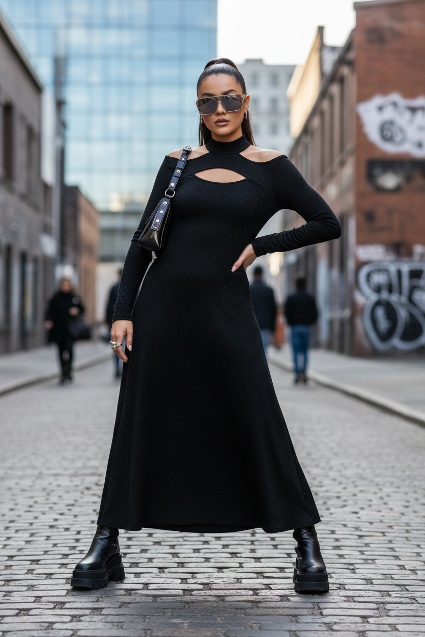 Hollow Cut Stand Collar Dress