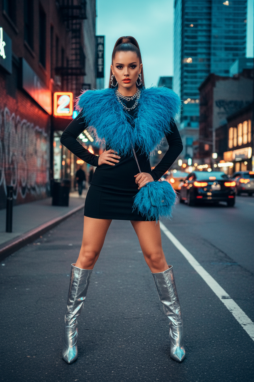 Women Bodycon Dress with Feather Collar