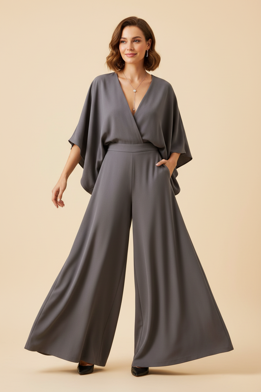 Womens V-Neck Bat Sleeve Wide Leg Pants Suit