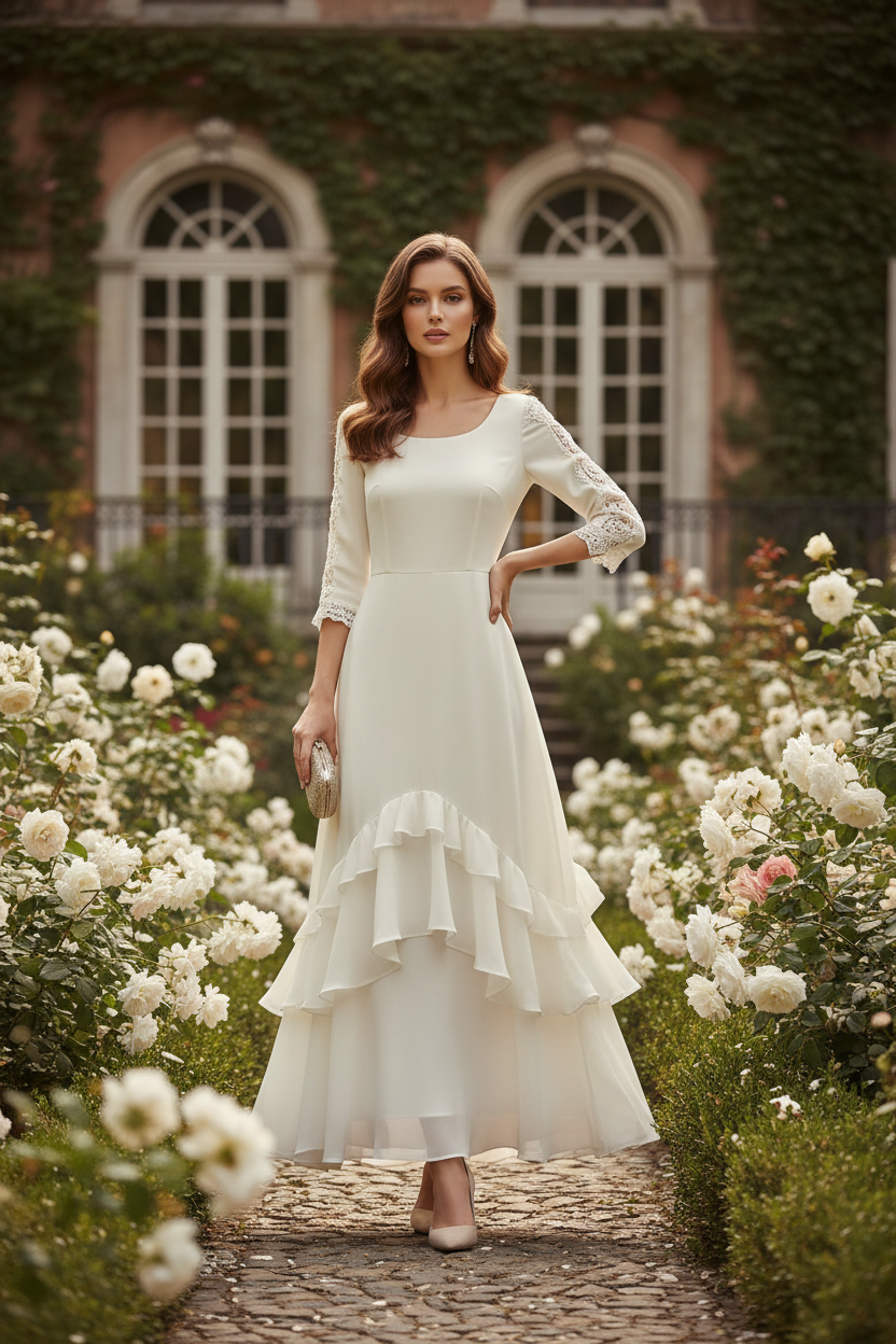 Three-quarter sleeve dress with ruffled hem